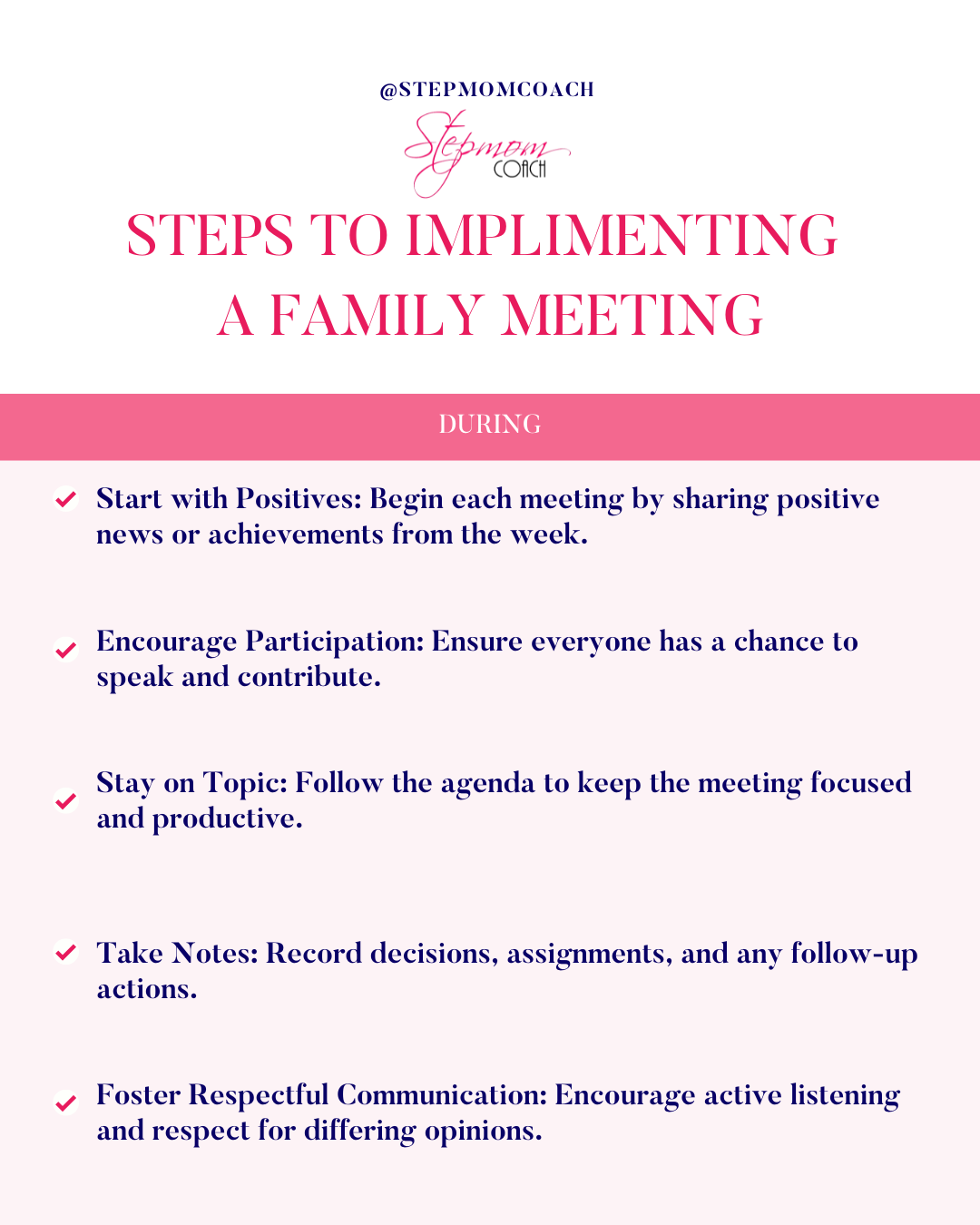 An instructional graphic titled 'Steps to Implementing a Family Meeting' from @StepmomCoach.